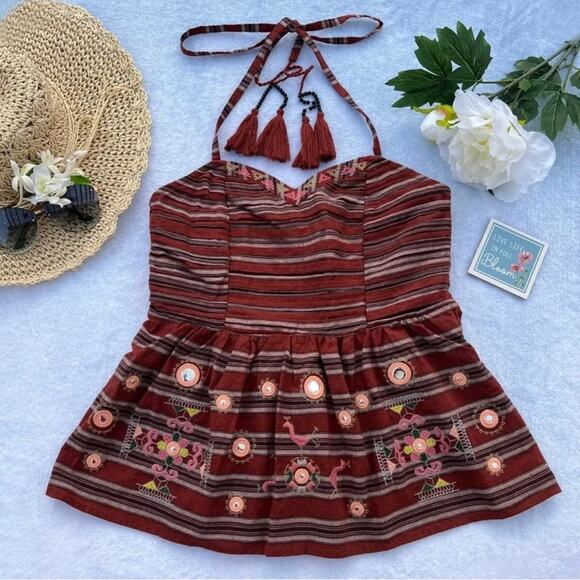 ALTAR’D STATE • Embellished Embroidered Tassel Boho Halter Corset Top - Picture 1 of 9